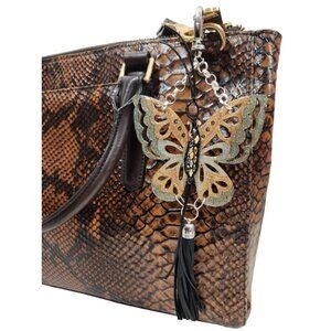 Gold Handpainted Wooden Butterfly Purse Leather Tassel Stone Beaded Leather